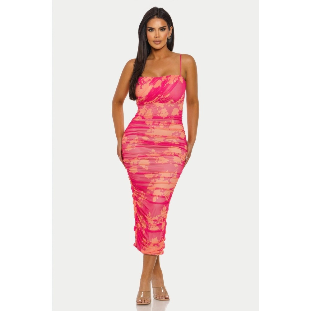 Floral Mesh Midi Dress Womens Pink Orange New Ruched Bodycon